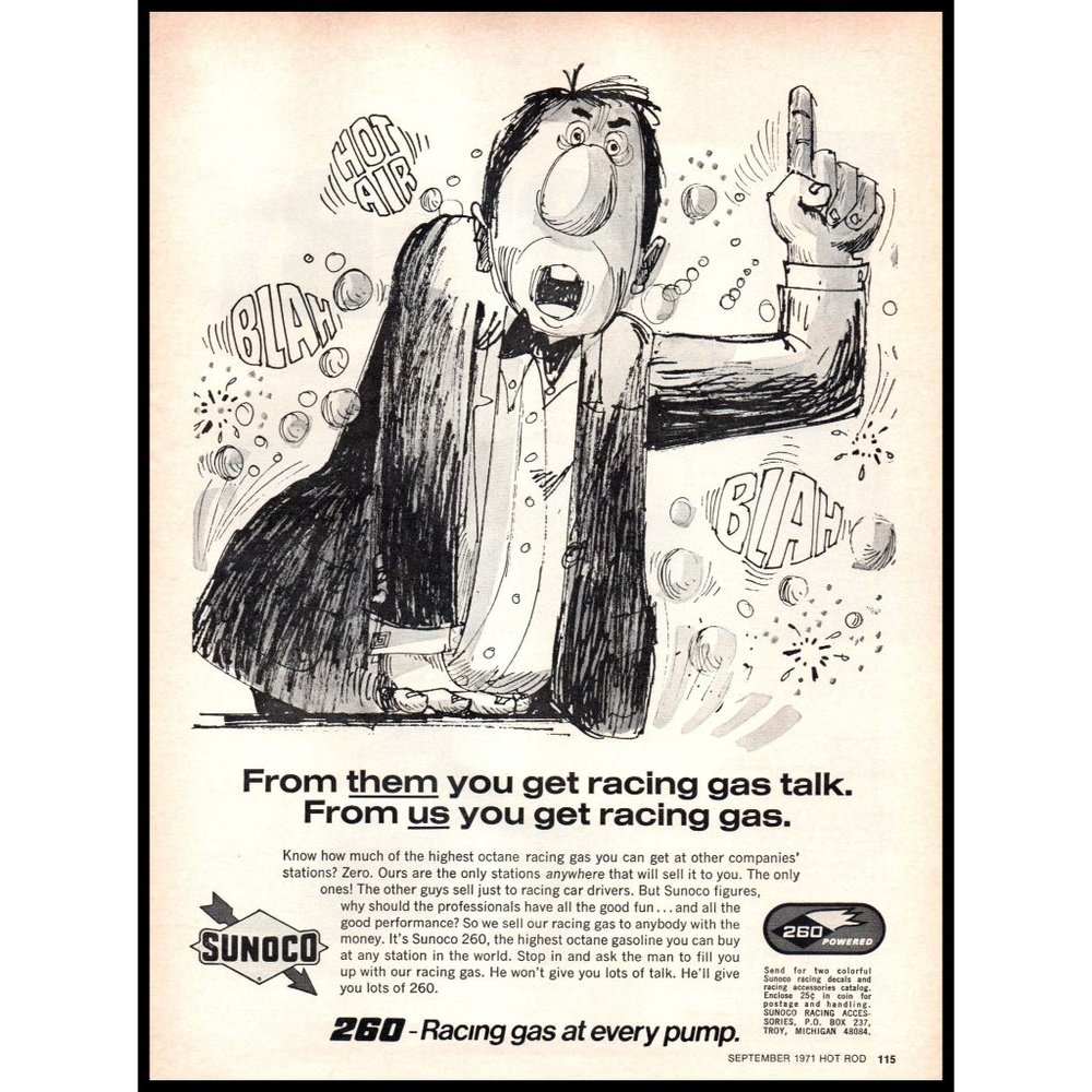 1971 Sunoco 260 Racing Gas Gasoline Vintage Print Ad Cartoon Wall Art Drawing